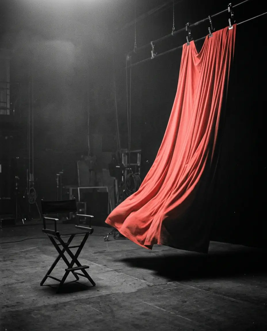 An empty director’s chair on a black and white stage, with a single red curtain