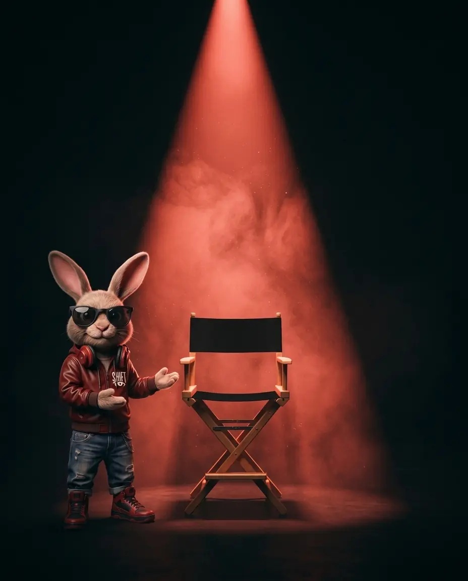 The SHIFT rabbit beside a director’s chair under a coral light