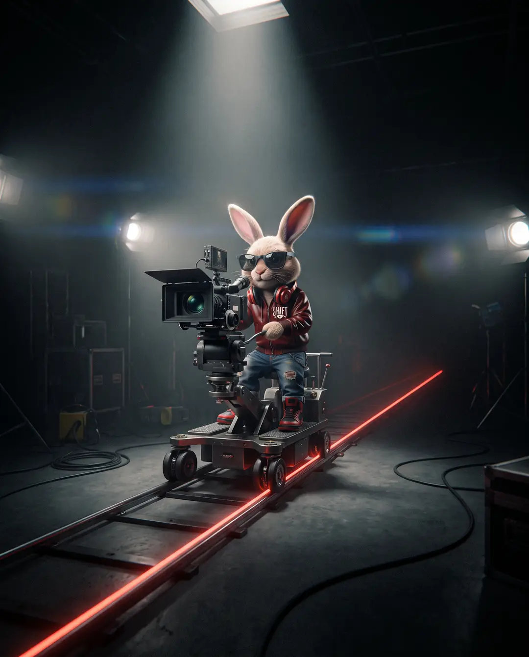 The SHIFT rabbit on a camera dolly, with a red line running across the floor