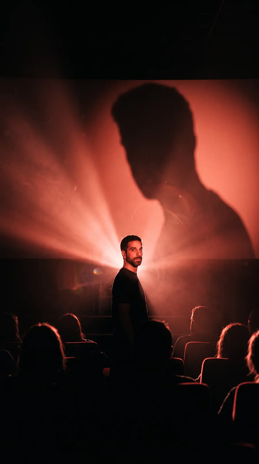 A man standing in a cinema, lit by the projector beam, facing the audience