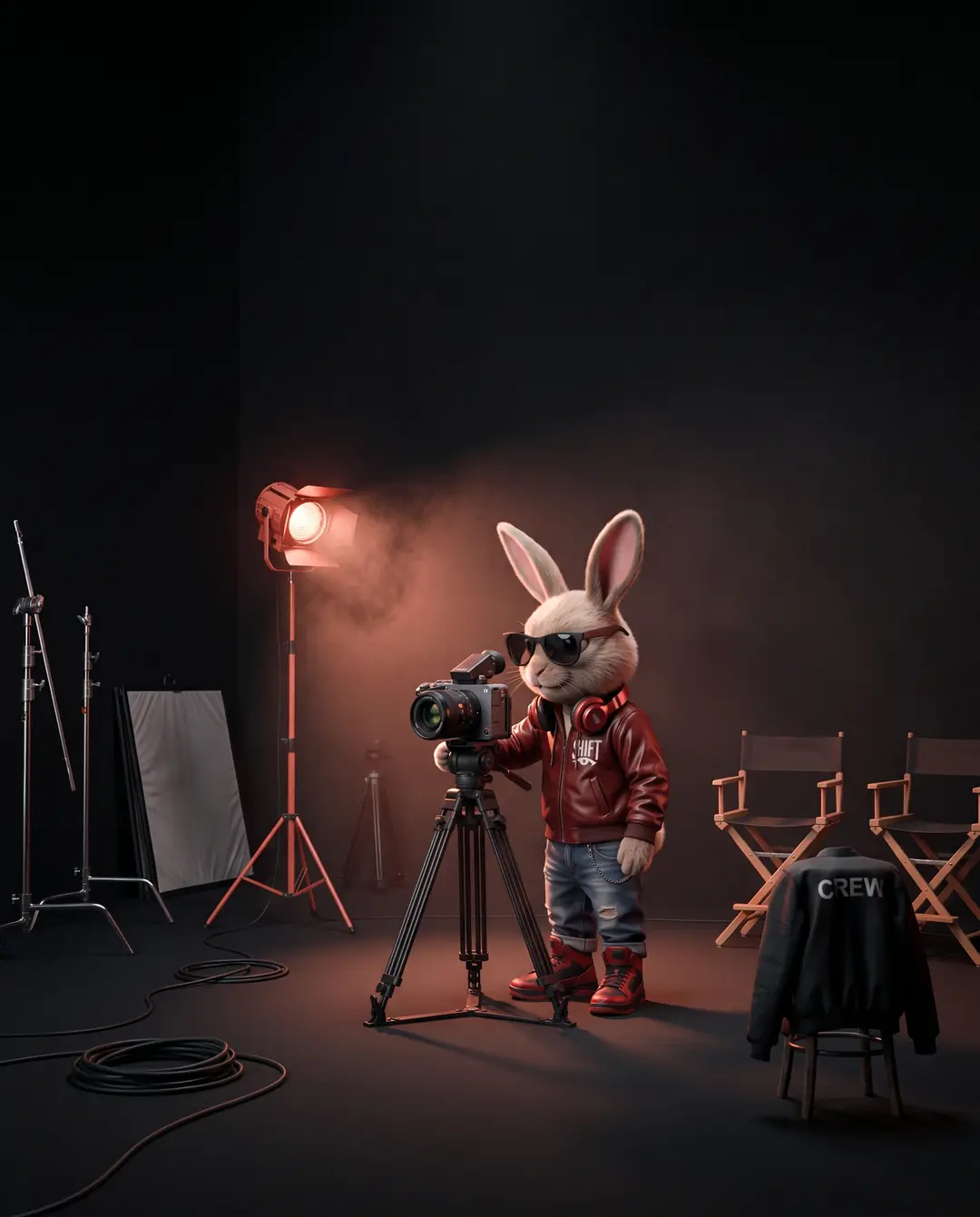 The SHIFT rabbit behind a cinema camera on a dark set
