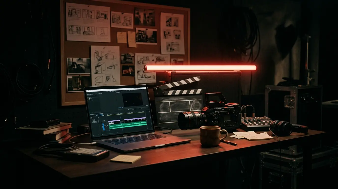 An editing desk with a laptop showing a timeline, a storyboard wall and red neon light behind it
